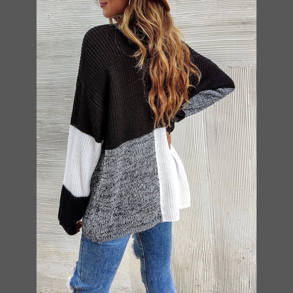 Long Sleeve Colorblock Knit Pullover Sweater Black, Gray, White - Picture 8 of 12